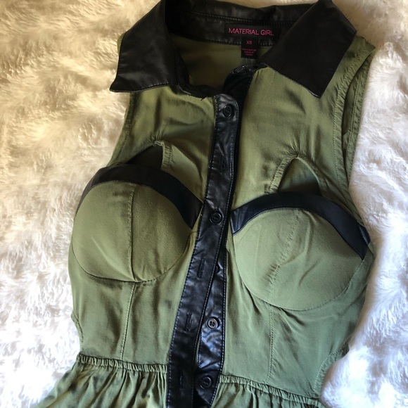 Olive Green Dress High Low Leather Details - Picture 3 of 5